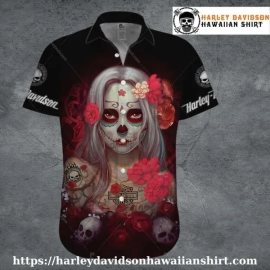 Discover Red Rose Skull Face Harley Motor Racing Davidsonn Davidson Hawaiian Shirt Women