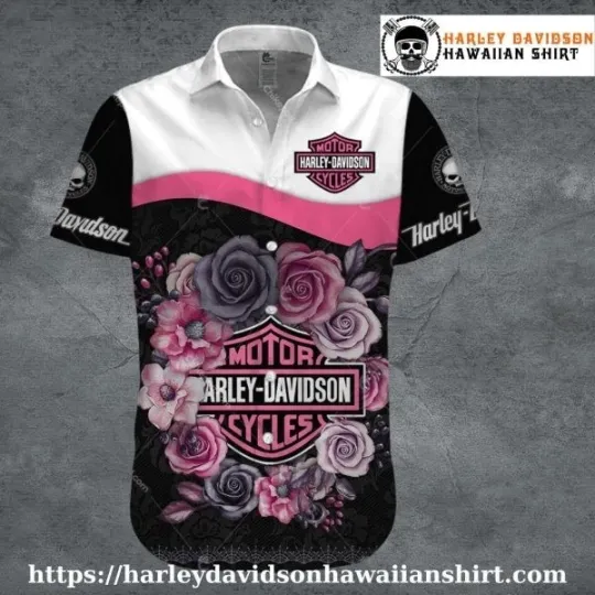 Discover Pink Rose Crest Harley Motor Racing Davidsonn Davidson Hawaiian Shirt for Women