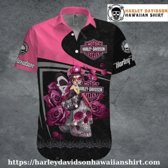 Discover Pink Fairy Skull Harley Motor Racing Davidsonn Davidson Hawaiian Shirt for Women