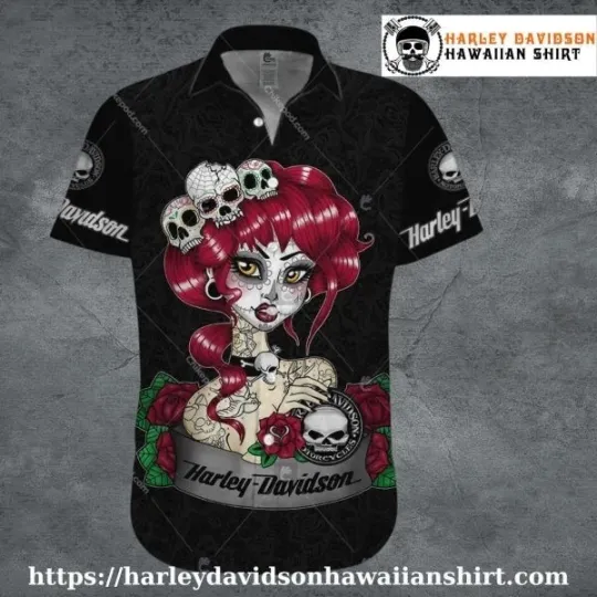 Discover Red Hair Skull Queen Harley Motor Racing Davidsonn Davidson Aloha Shirt for Wome