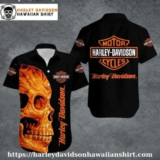 Discover Orange Skull Flame Harley Motor Racing Davidsonn Davidson Hawaiian Shirt for Men