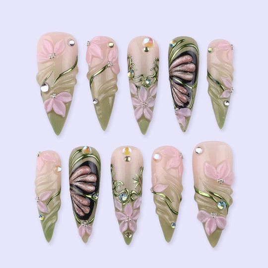 Spring Floral Press On Nails with Green Swirl & Butterfly | 3D Fake Nails in Long Stiletto | Handmade Nail Art