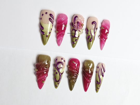 3D Swirl Stiletto Press On Nails: Green Jelly Y2K Style