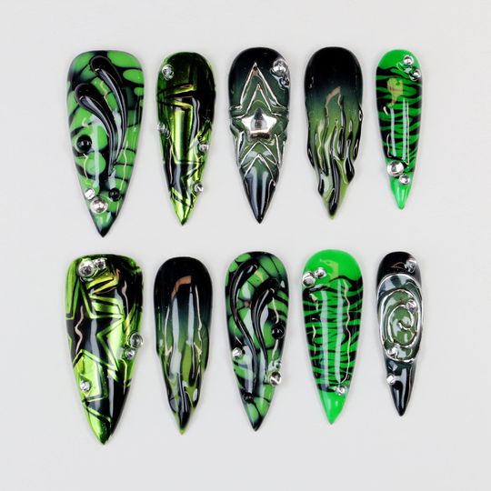 Y2K Gothic Cyberpunk Futuristic Stiletto Press On Nails,Black Green 3D Liquid Swirl Subculture Fake Nails for Gift,Party,Halloween,Festival