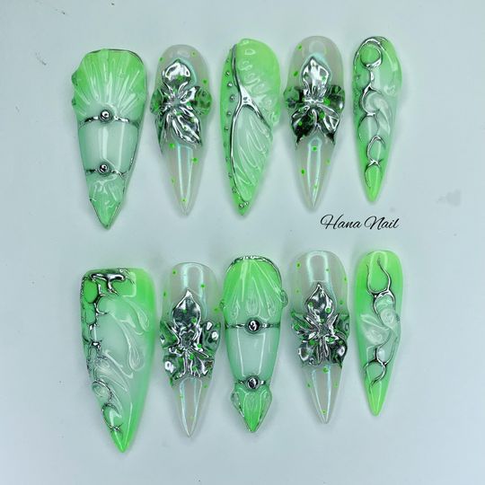 Chrome Green Stiletto Press On Nails: 3D Y2K Gel Nail Art