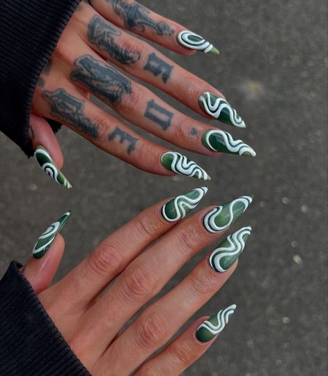 Green Swirl 3D Press On Nails | Psychedelic Trippy Nail Art | Stiletto Handmade Nails | Edgy Textured Green Nail Design
