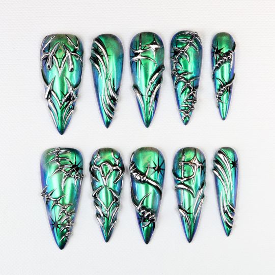 Discover Cyberpunk Iridescent Stiletto Press On Nails,Green Blue Gradient Metallic Silver 3D Texture Heavy Embellished Reusable Dark Avant-Garde Nail