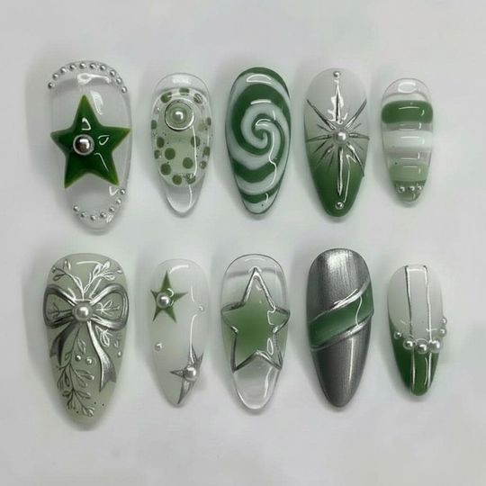 Dark Green Silver Star Press On Nails | 3D Chrome Bow Pearl Swirl | Y2K Cyber Grunge | Cool Almond Fake Nails Gift