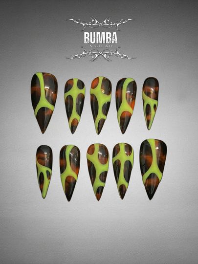 Tortoise Shell Neon Long Stiletto Press On Nails | Brown Jelly Slime Art Nails | Abstract Green Drip Nail Set | Handmade Reusable Fake Nails