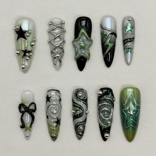 Y2K Chrome Press On Nails / Green Black Star Lightning / Metallic 3D Punk / Alt Stiletto Statement Set