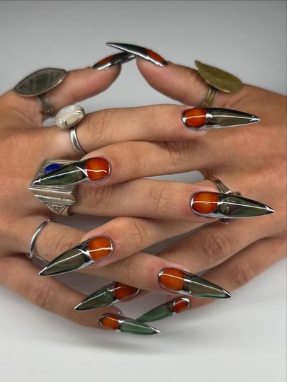 Handmade Chrome Edge Press On Nails | Green and Amber Long Stiletto Nail Set | Modern Metallic Design