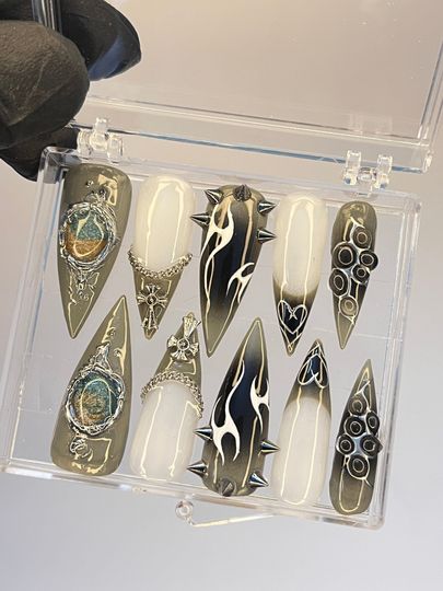 Discover Free Style Sage Green with Cross Charm Long Stiletto Press On Nails, Unique Custom Chrome Nail, Punk Emo Y2K Style Nail