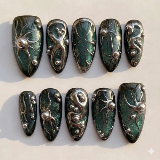 Discover Hand-Painted 3D Chrome Cybercore Emerald Green Long Stiletto Press On Nails - Gothic, Luxury, Alien, and Clubbing Handmade Nail Art