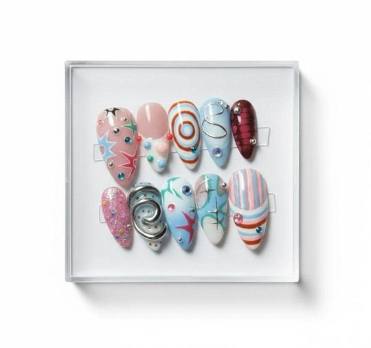 Handmade Cyber Y2K Pop Art Press On Nails | 3D Chrome Swirls, Retro Stars & Jelly Gems | Almond Nails For Funky Avant-Garde Vibe