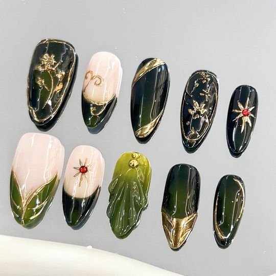 Discover Hand-Painted 3D Gel Press-On Nails: Green Y2k Almond Metal