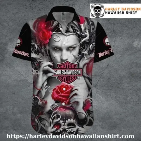 Discover Gothic Rose Woman Harley Motor Racing Davidsonn Davidson Hawaiian Shirt for Wome