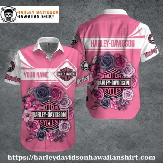 Discover Pink Floral Roses Harley Motor Racing Davidsonn Davidson Hawaiian Shirt for Wome