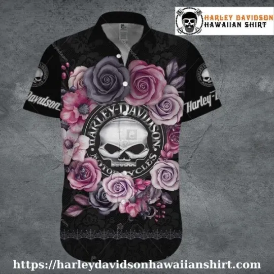 Discover Floral Skull Emblem Harley Motor Racing Davidsonn Davidson Hawaiian Shirt Women