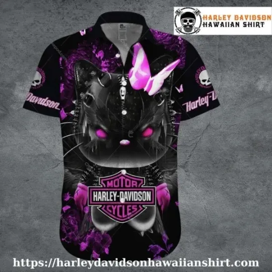 Pink Cat Skull Butterfly Harley Motor Racing Davidsonn Davidson Hawaiian shirt k