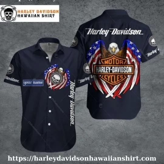 Discover Patriotic Eagle Crest Harley Motor Racing Davidsonn Davidson Hawaiian Shirt for