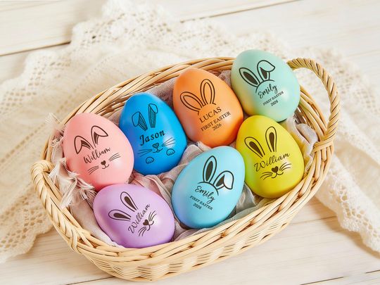 Discover Personalized Colorful Wooden Easter Egg, Engraved Keepsake, Baby's First Easter Basket Filler