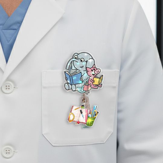 Children's Book Library Badge Reel, Elephant and Piggie Shaker Retractable ID Holder, Teacher Librarian Book Lover, Reading Accessory D2N421