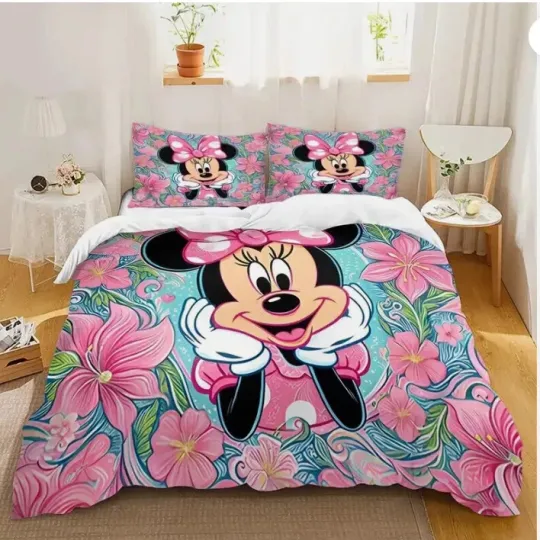 Discover Enchanting Minnie Mouse With Flowers Birthday Bedding Set