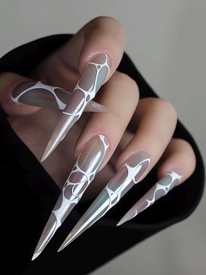 Discover Futuristic White Stripe Y2k Chrome Ombre Purple XLong Stiletto Press on Nails