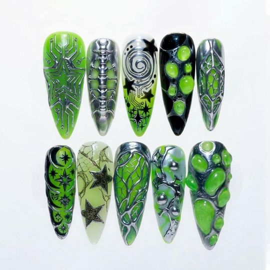 Cyberpunk Alien Press On Nails | with 3D Chrome Tech Star Design | Long Stiletto Nails in Neon Green Silver for Futuristic Style