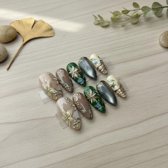 Elegant Green Gold Press On Nails, Luxury Floral Stiletto Nails, Reusable Handmade Nail Set