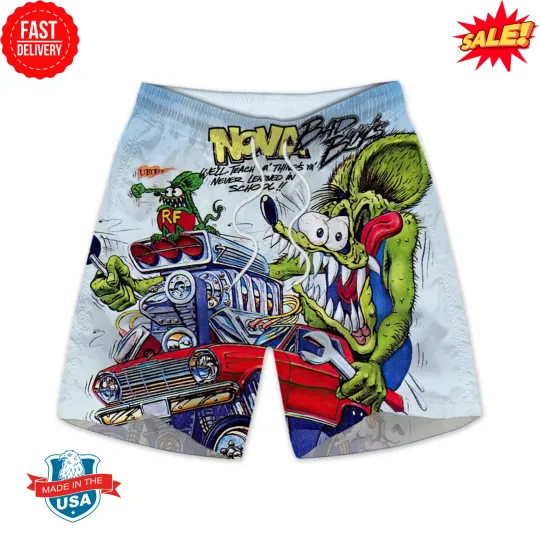 Discover RatFink Beach Shorts, Vintage Cartoon Rat, Flames, Retro Speed Style