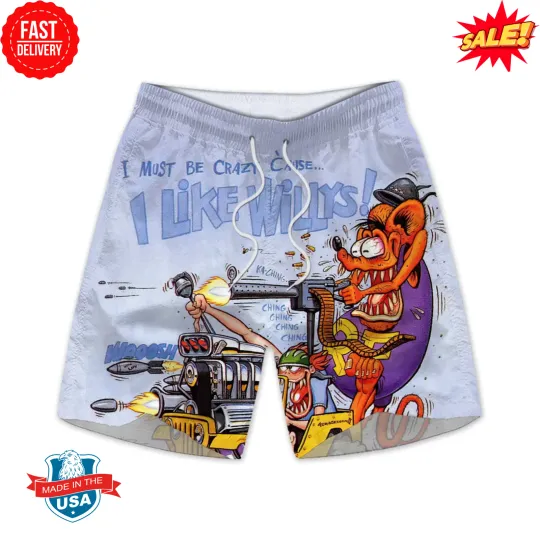 Discover RatFink Beach Shorts, Rebel Hot Rod Cartoon, Lowbrow Vibe for Car Lovers