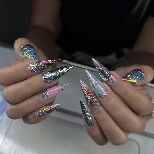 Chrome Cyber Press On Nails | 3D Abstract Metallic Swirl Design | Long Stiletto Nails for Y2K Party or Futuristic Look