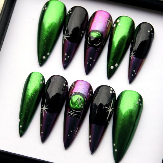 Hand-Painted Numerology Press On Nails: 3D Green Mirror, Y2K Stiletto V244