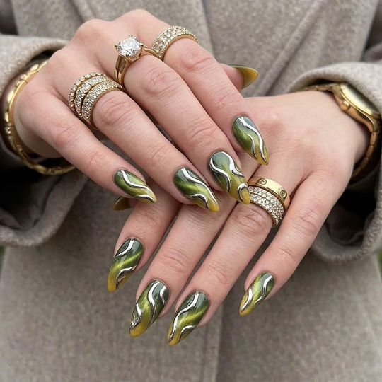 Green Cat Eye Press on Nails with Silver 3D Chrome | Olive Green Marble Nails | Almond Luxury Fake Nails | Y2K Metallic Gel Nails Glue On