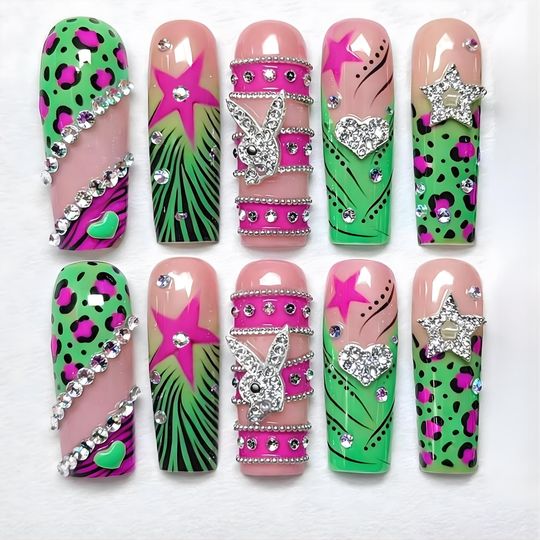 Neon Y2K Press On Nails | Green Pink Leopard Star Glam Set With Rhinestones | 3D Gel Reusable Nails