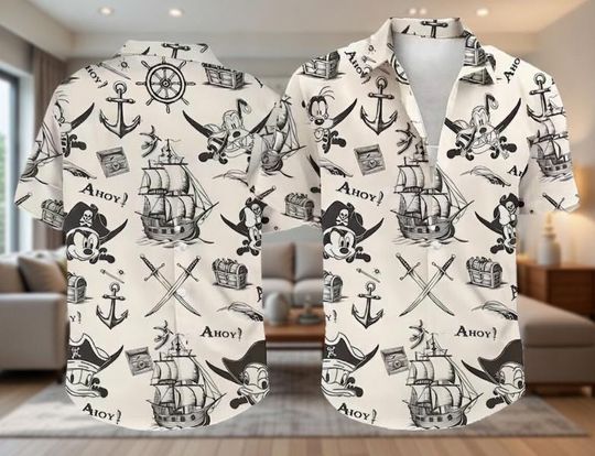 Discover Pirate Mouse & Friends Hawaiian Shirt, Caribbean Cruise Aloha Button Up, Summer Beach Vacation Top