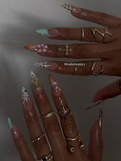 Tropical 3D Flower Stiletto Press On Nails | Long Gold Cross Baddie Fake Nails | Summer Vacation Floral Luxury Y2K Handmade Glue Ons