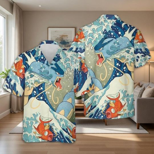 Discover Water Dragon Hawaiian Shirt, Anime Style Aloha Button Down, Tropical Ocean Cartoon Summer Beach Top