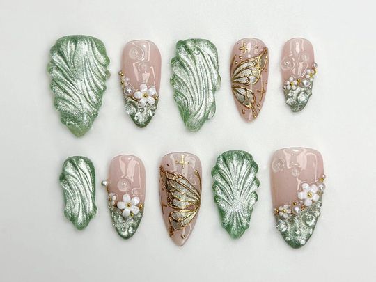Fairy Garden Leaf Press On Nails, Green Metallic Nail Tips with Butterfly Art, 3D Floral Nail Design, Forest Fairycore Nails