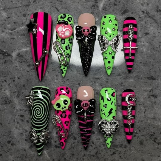 Gothic Y2K Press On Nails / Neon Green Pink Punk Nails / Skull Bow Butterfly 3D Charms / Long Stiletto Handmade Nails