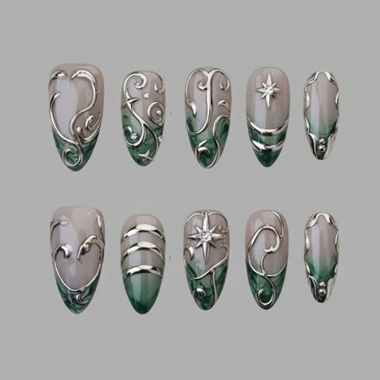 Luxury 3D Silver Frame Press On Nails | Emerald Green Ombre | Celestial Star & Swirl Design | Elegant Metallic Fake Nails