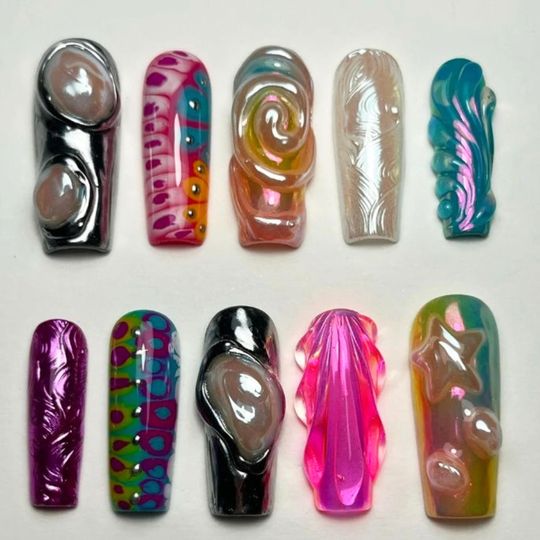 Abstract 3D Press On Nails | Jelly Sculpted Nails | Y2K Chrome Nail Art