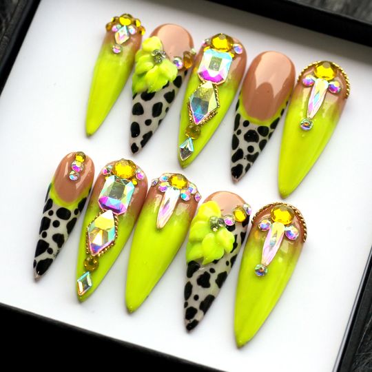 Green Neon Cow Print Press On Nails: 3D Flower Gem Y2K False Nails