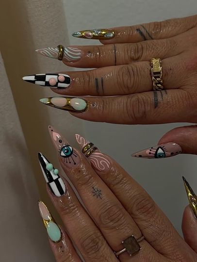 Discover Abstract Eye Press On Nails | Gold Accent Art | Long Stiletto Luxury Nails