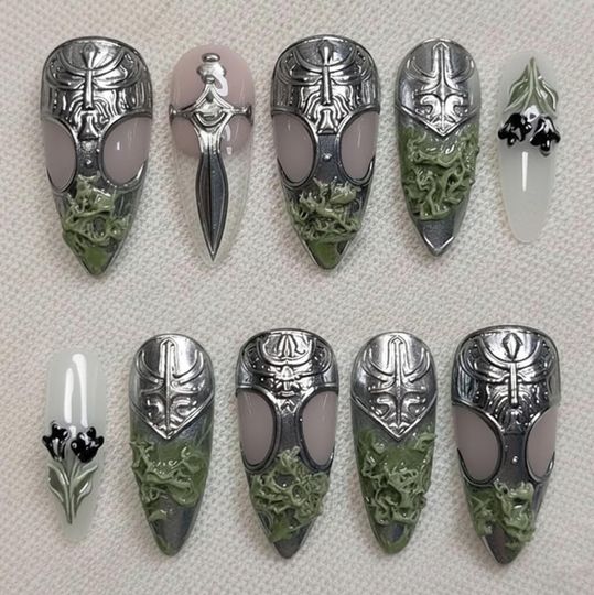 Medieval Armor Press On Nails, Knight Shield Sword Gothic Green 3D Long Stiletto Nails