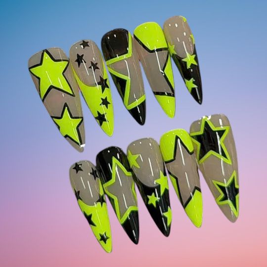 Neon Green Star Press on Nails | Y2K Cyberpunk Black & Lime Fake Nails | Edgy Starburst Stiletto Nails | Luxury Goth Punk Handpainted Nails