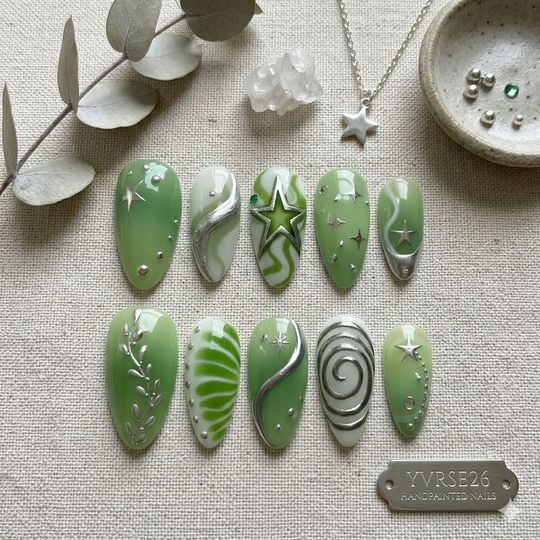 Matcha Green Silver Star Press On: Y2K Cyber Swirl, Abstract Leaf Vine Art