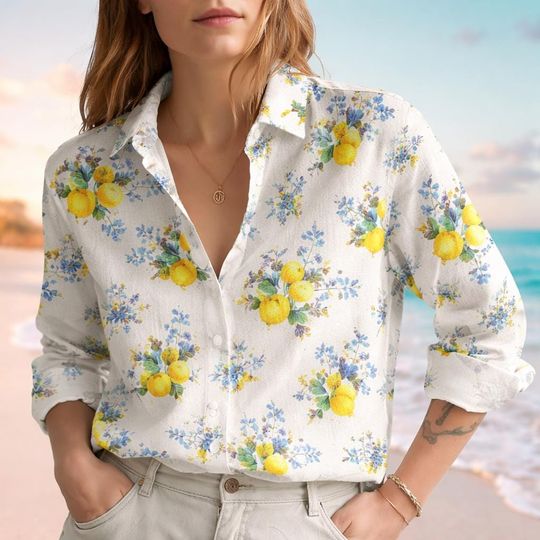 Discover Lemon Floral Blouse Shirt, Blue Yellow Mediterranean Women’s Top, Italian Tile Fruit Summer Shirt, Casual Lemon Blouse, Gift for Her