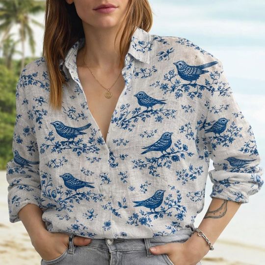 Retro Boho Bird Blouse for Women, Nature Lover Shirt, Cute Animal Print Top, Vacation Gift, Women’s Casual Top